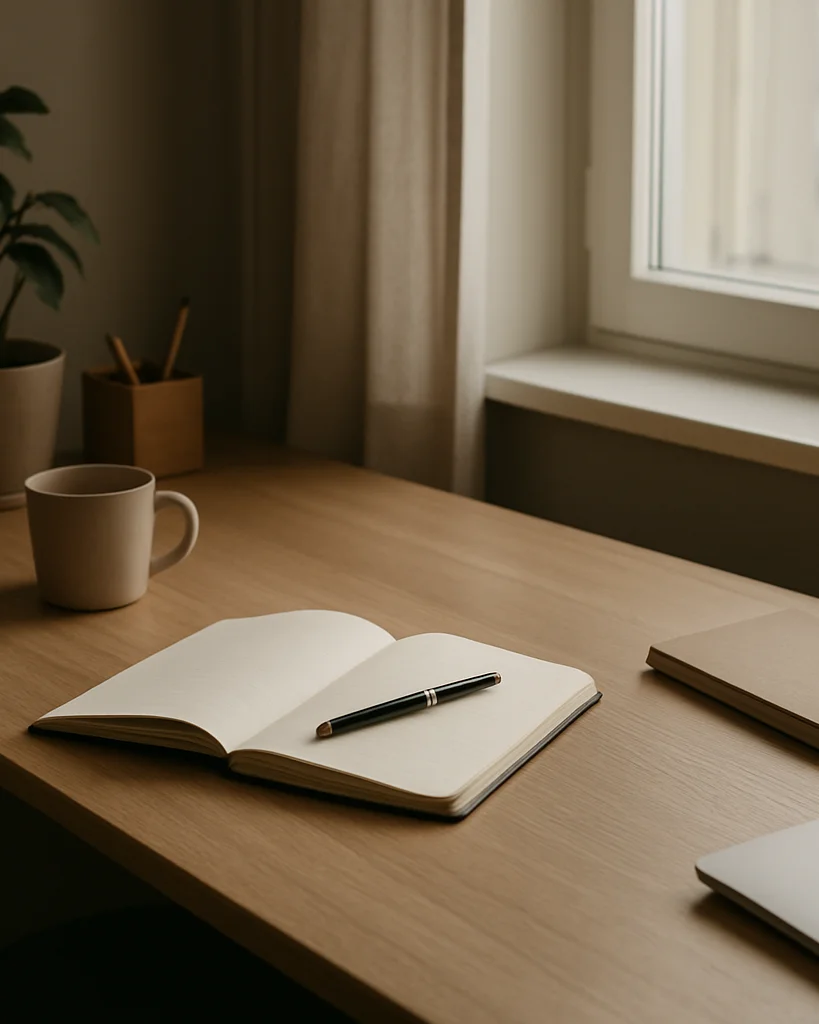 Natural editorial photograph of a calm, well-lit workspace with s